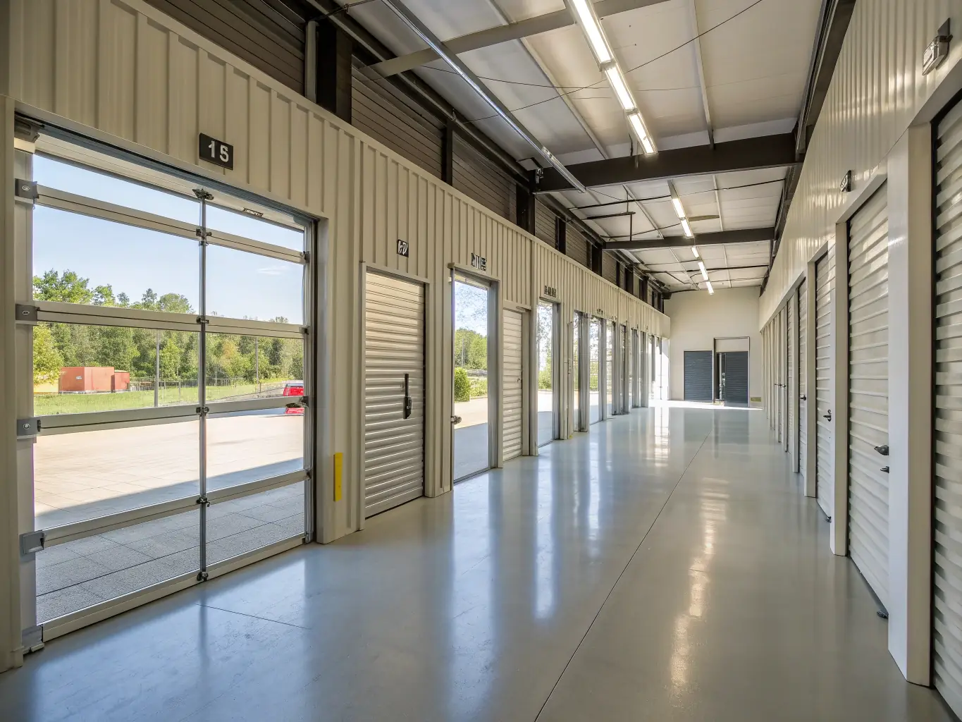 A brightly lit, modern storage facility interior with rows of clean, organized storage units, emphasizing security and cleanliness. The image should convey a sense of safety and order.