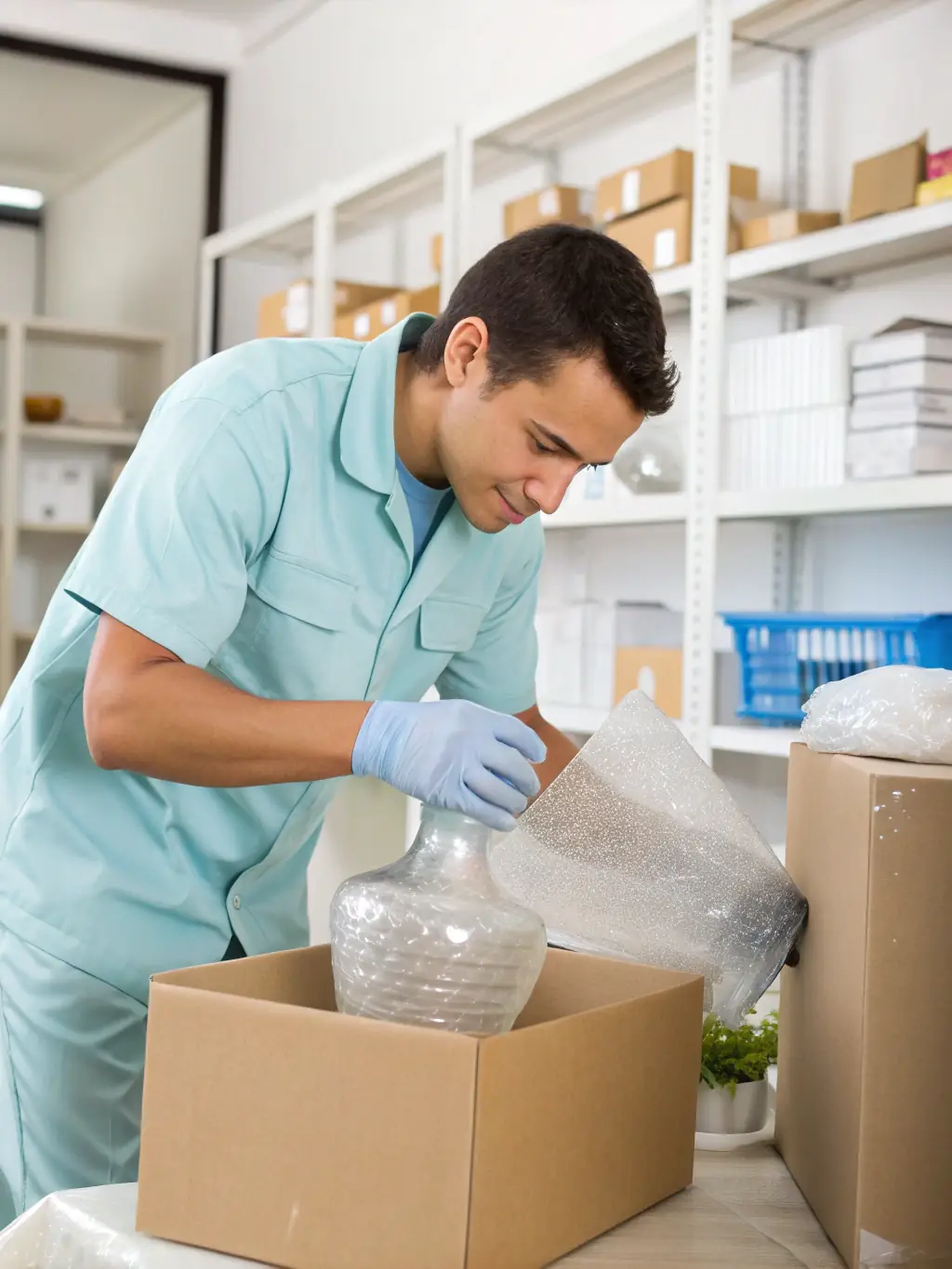 A detailed photograph showcasing Reef Movers' team carefully packing delicate items in a retail showroom, ensuring their protection during the relocation process. The image should convey professionalism and attention to detail.