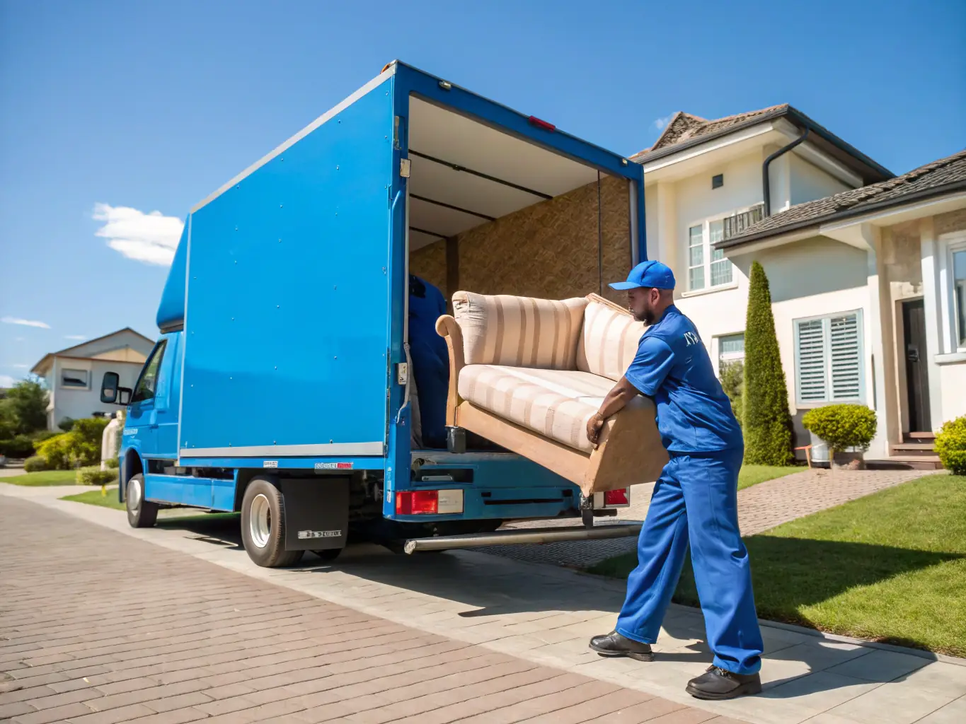 A professional Reef Movers driver assisting with the loading of items into a moving truck, highlighting their experience and careful handling of goods. The driver should be wearing a Reef Movers uniform and smiling.
