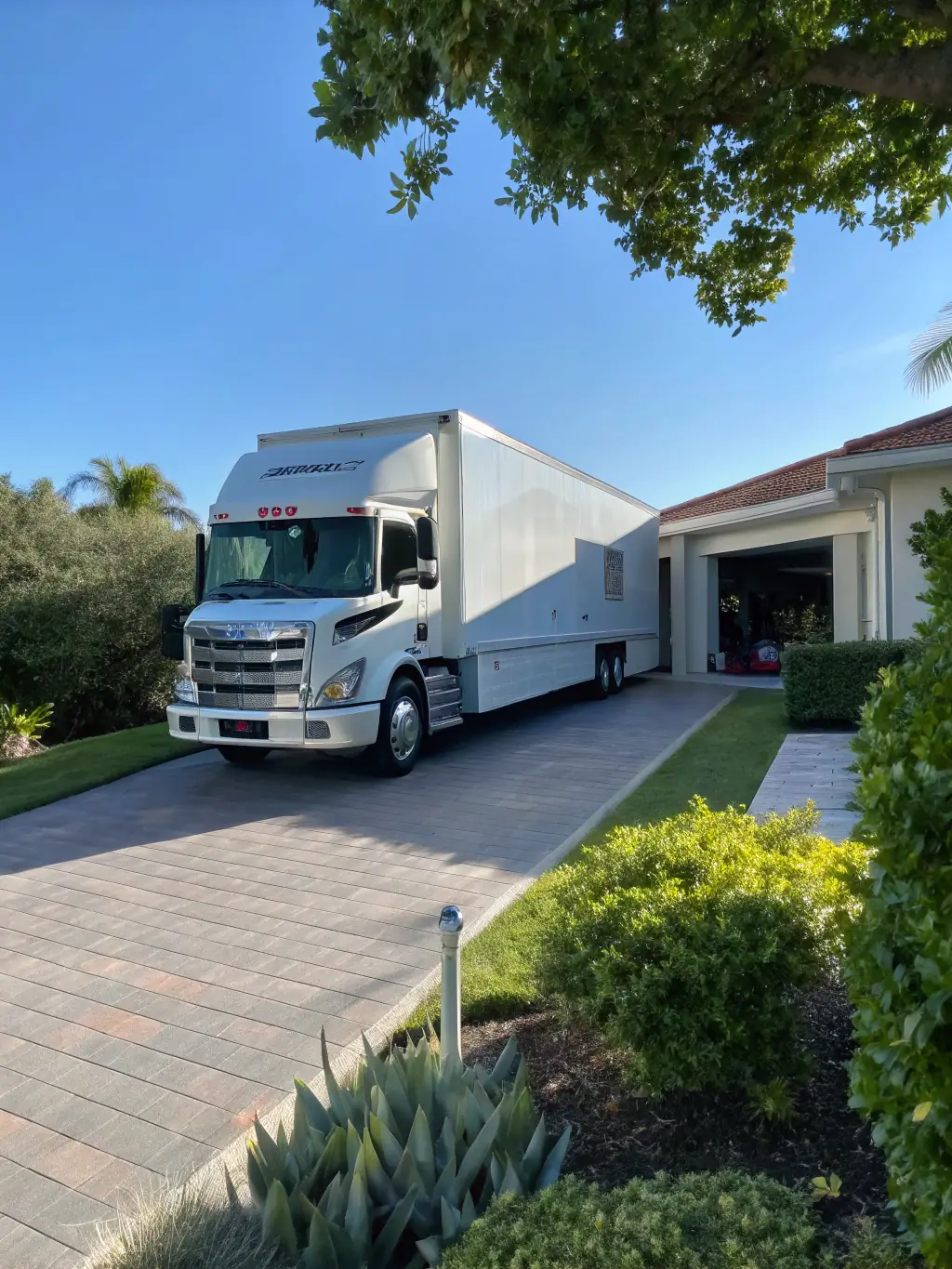 A wide shot of a modern, clean moving truck with the Reef Movers logo parked in front of a Business Bay high-rise, emphasizing reliability and professionalism.