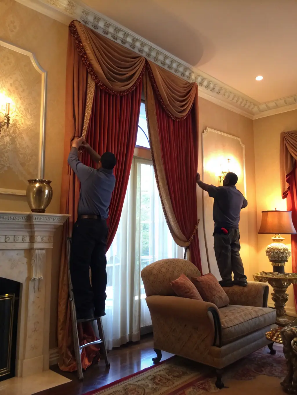 A handyman installing new curtain rods and hanging curtains in a Dubai apartment, adding a finishing touch to the room.