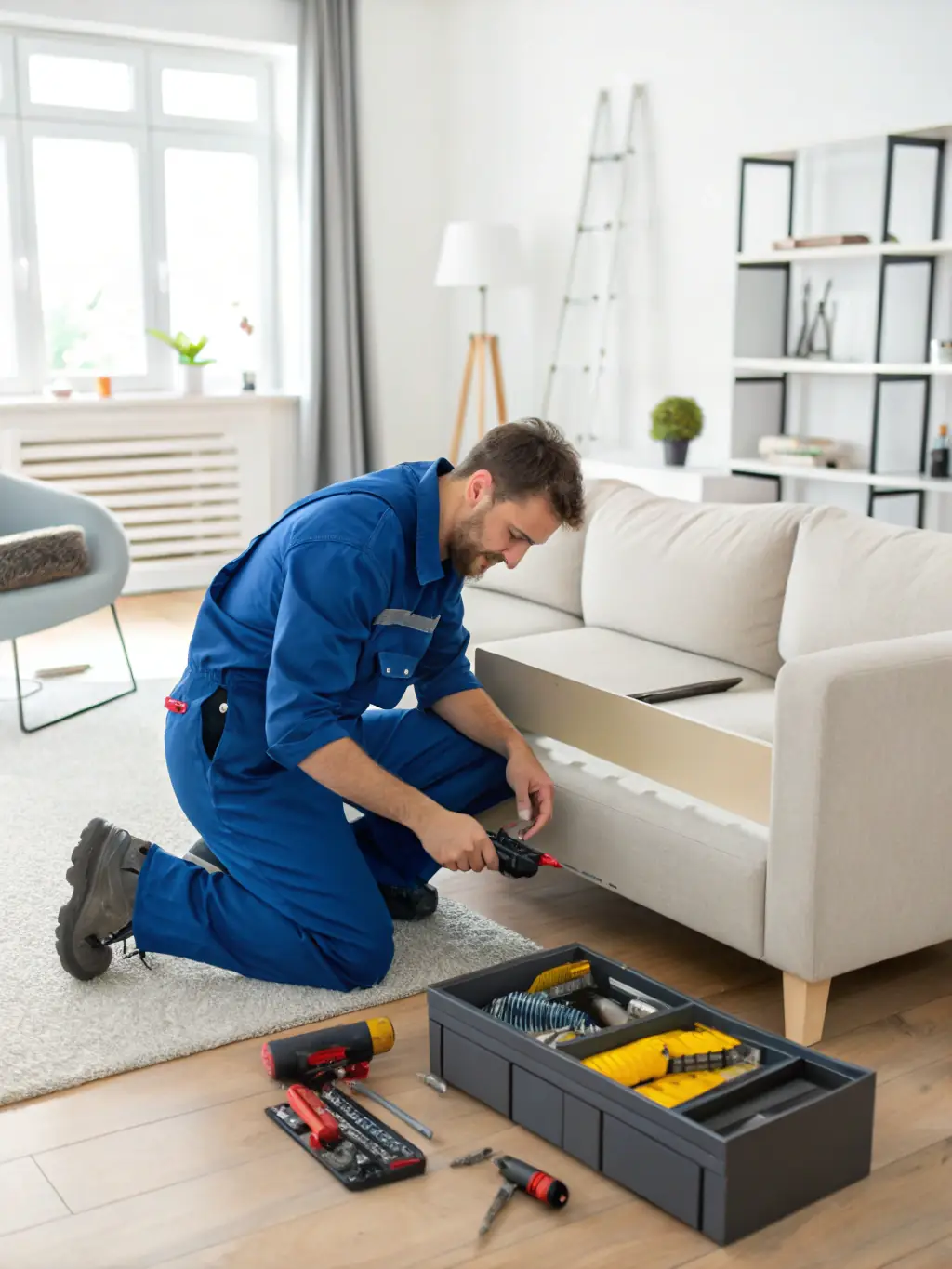 A handyman expertly assembling flat-pack furniture in a modern Dubai apartment, showcasing precision and efficiency.