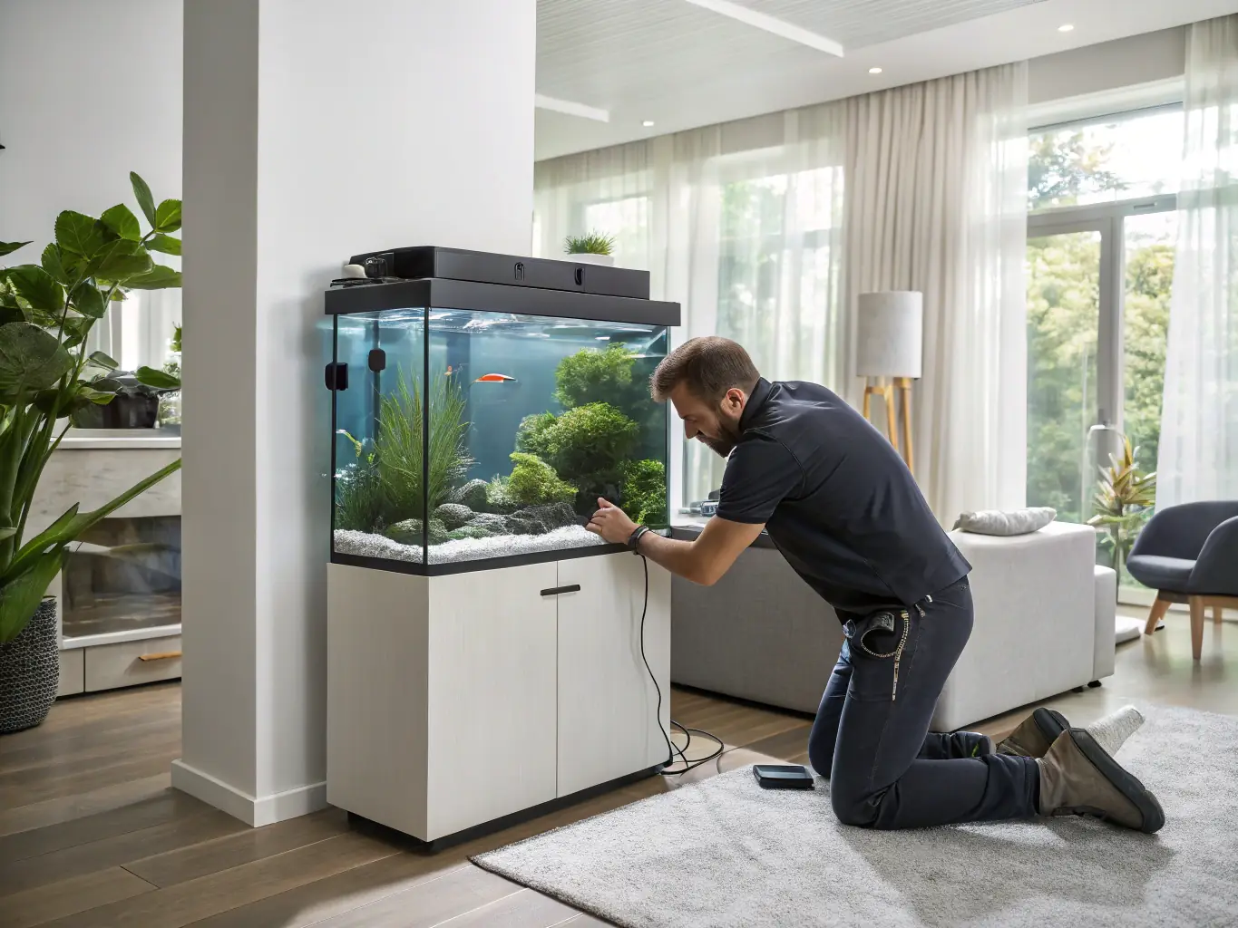 A sleek, modern aquarium design concept being presented to a client by a Reef Movers consultant, illustrating the custom design process.