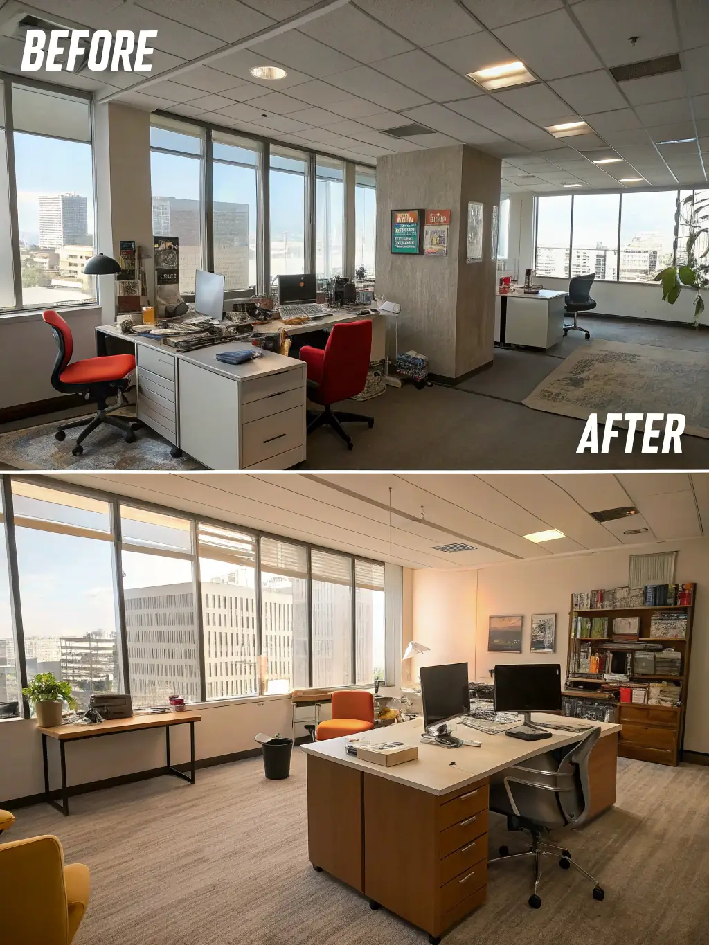 A before-and-after shot of a retail showroom or restaurant, showing a seamless transition from the old location to the new, highlighting the ease and efficiency of Reef Movers' services.