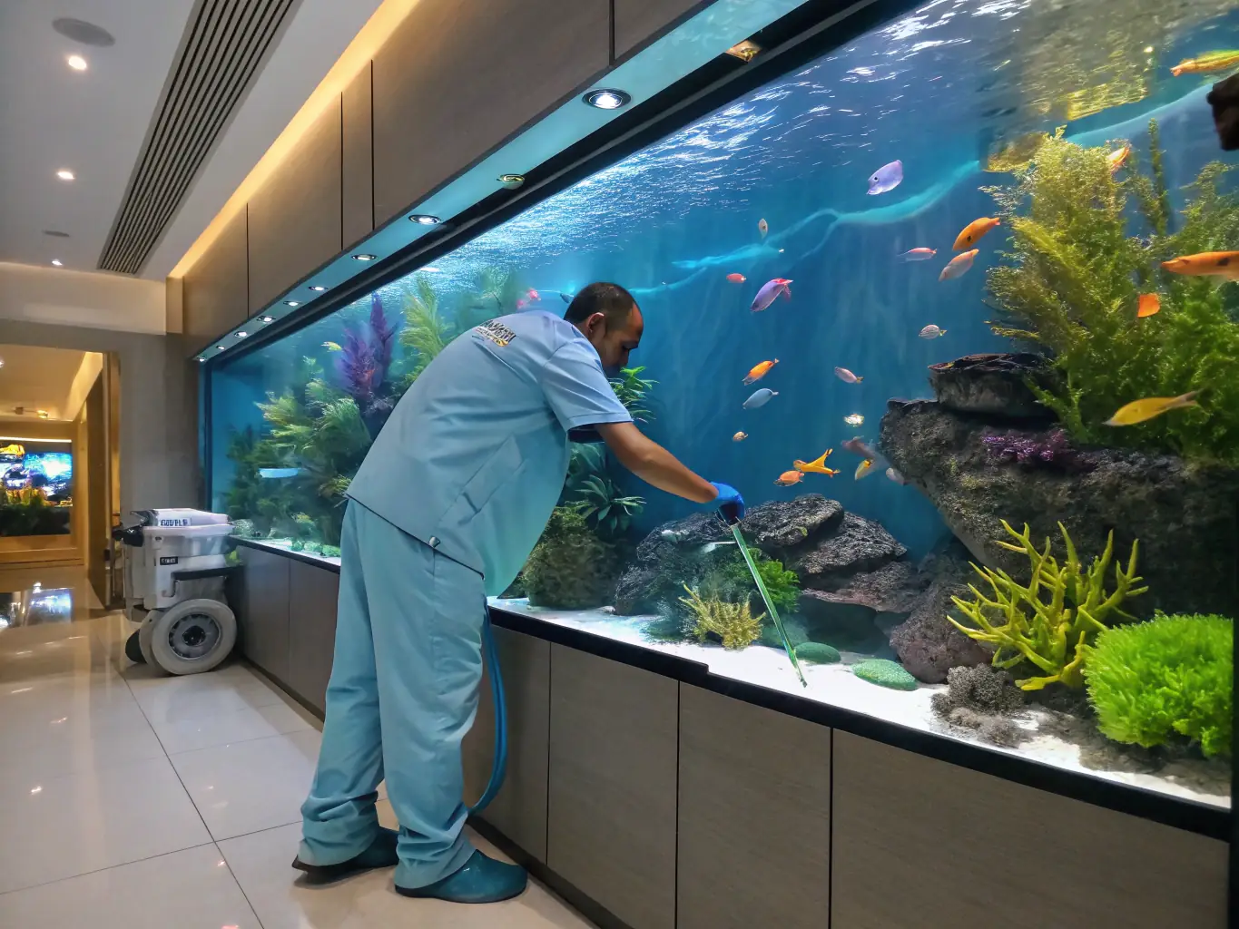 A vibrant coral reef aquarium being carefully disassembled by two Reef Movers technicians, showcasing the delicate process of aquarium relocation.