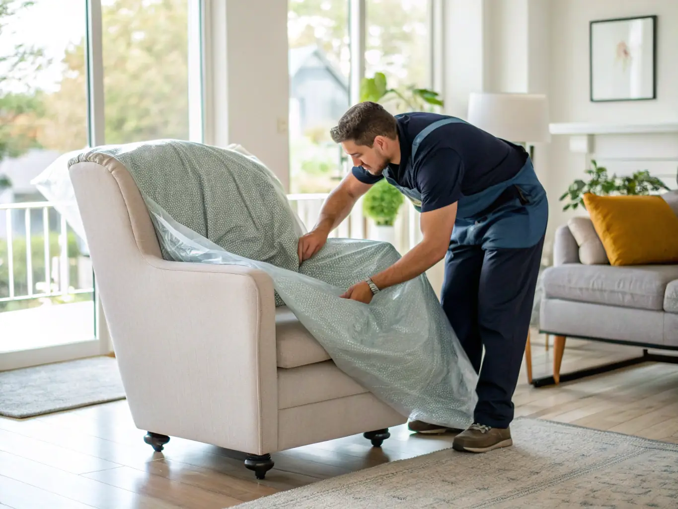 A professional moving team carefully wrapping furniture with protective blankets inside a Dubai apartment, ensuring safe transport.