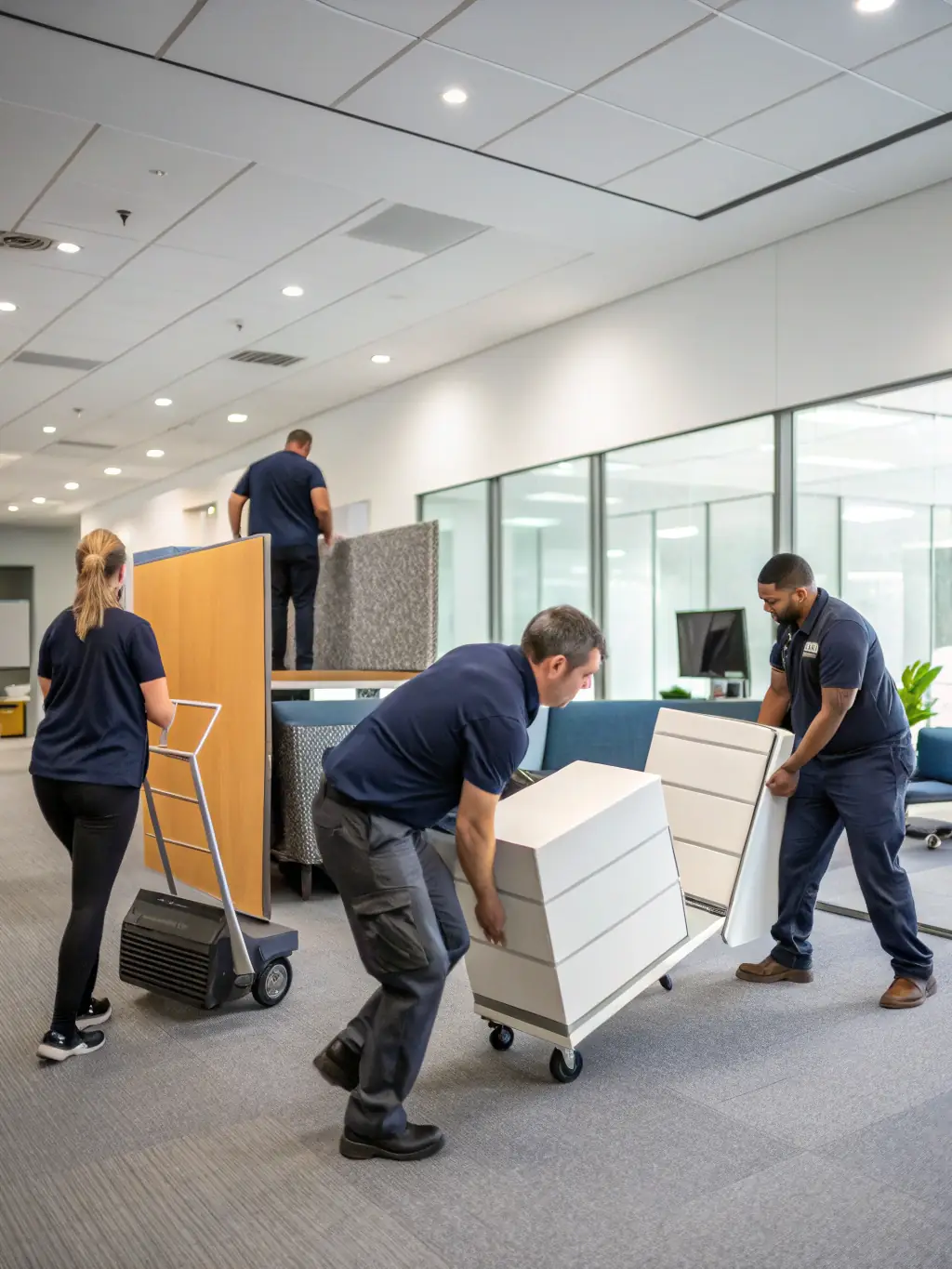 A photograph illustrating Reef Movers' team carefully reassembling equipment and setting up a retail showroom or restaurant, demonstrating their commitment to a seamless transition.