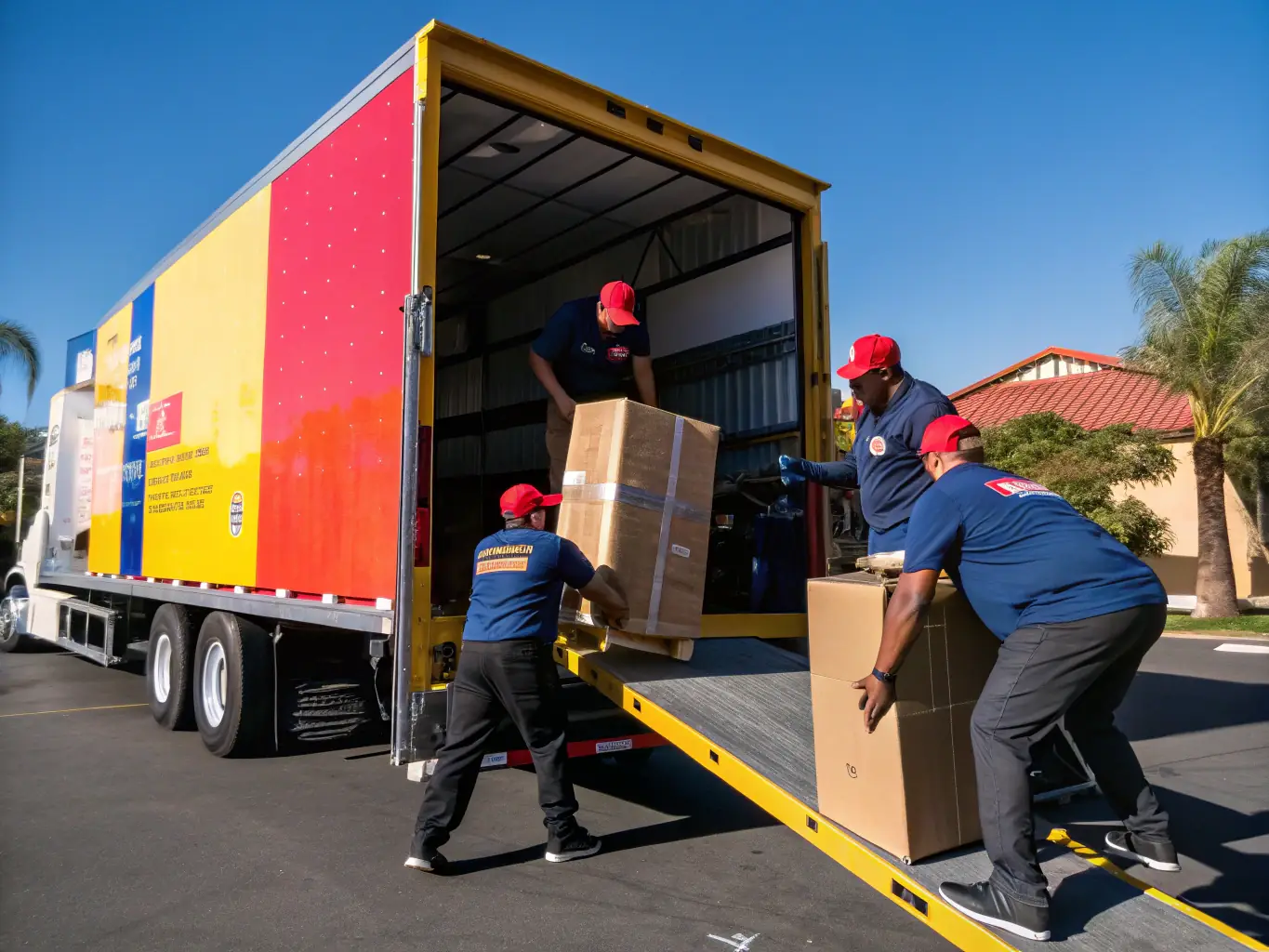 A dynamic shot of Reef Movers' team efficiently loading and unloading a truck, highlighting the company's streamlined processes and dedication to efficiency.