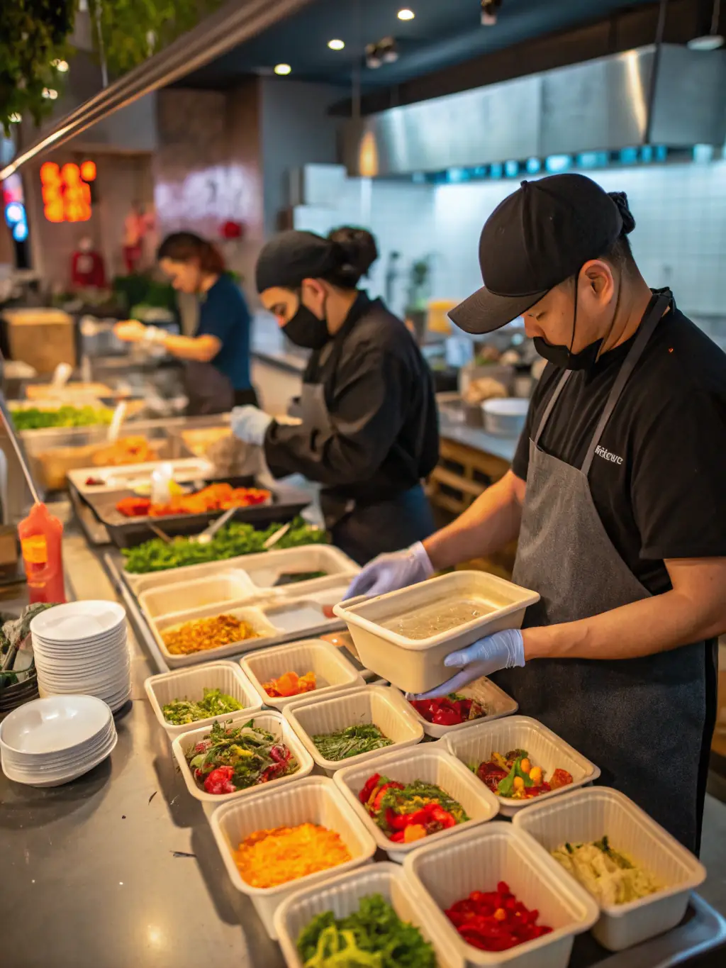 A busy restaurant kitchen with stainless steel appliances and chefs' tools, being efficiently disassembled and prepared for transport by Reef Movers, highlighting minimal disruption.