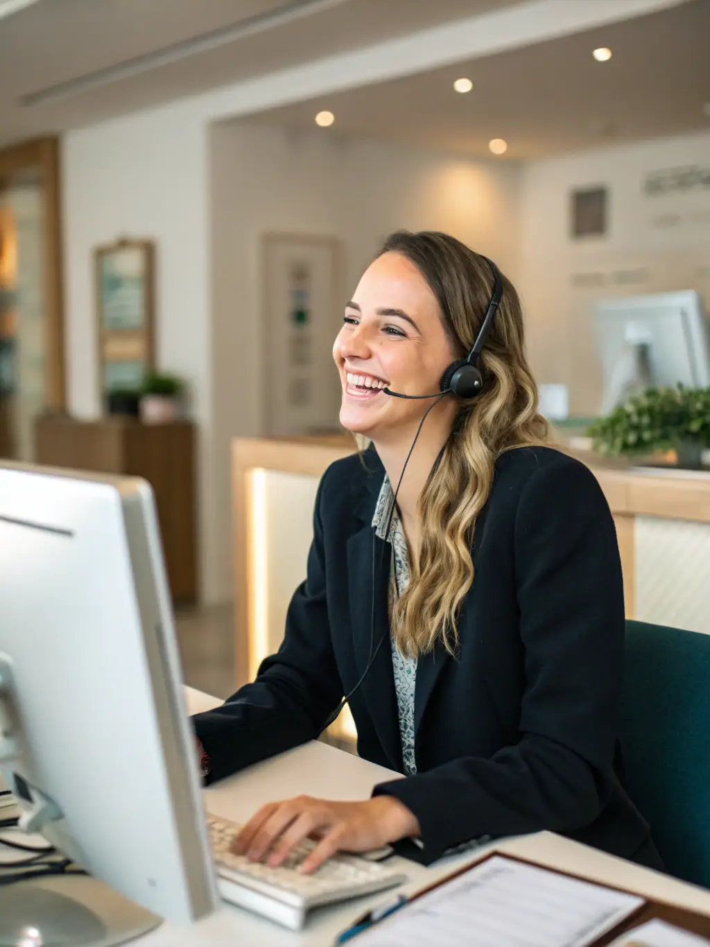 An interior shot of a well-organized office space with a friendly Reef Movers representative assisting a client, highlighting customer support.