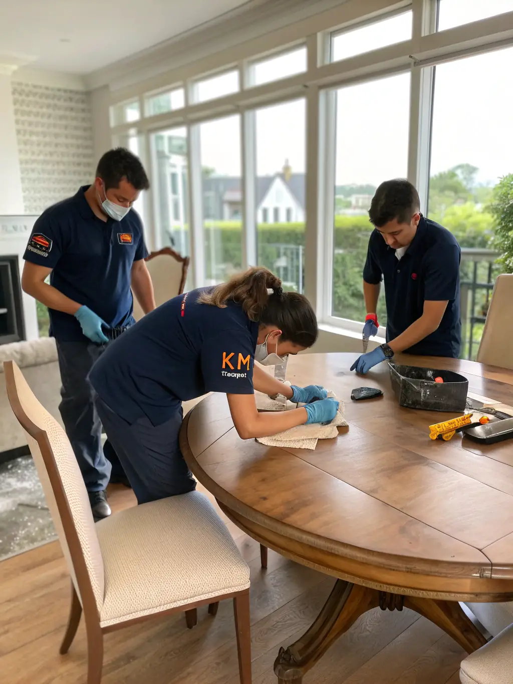 A time-lapse shot of movers efficiently disassembling furniture and reassembling it in a new location, showcasing the efficiency of Reef Movers.