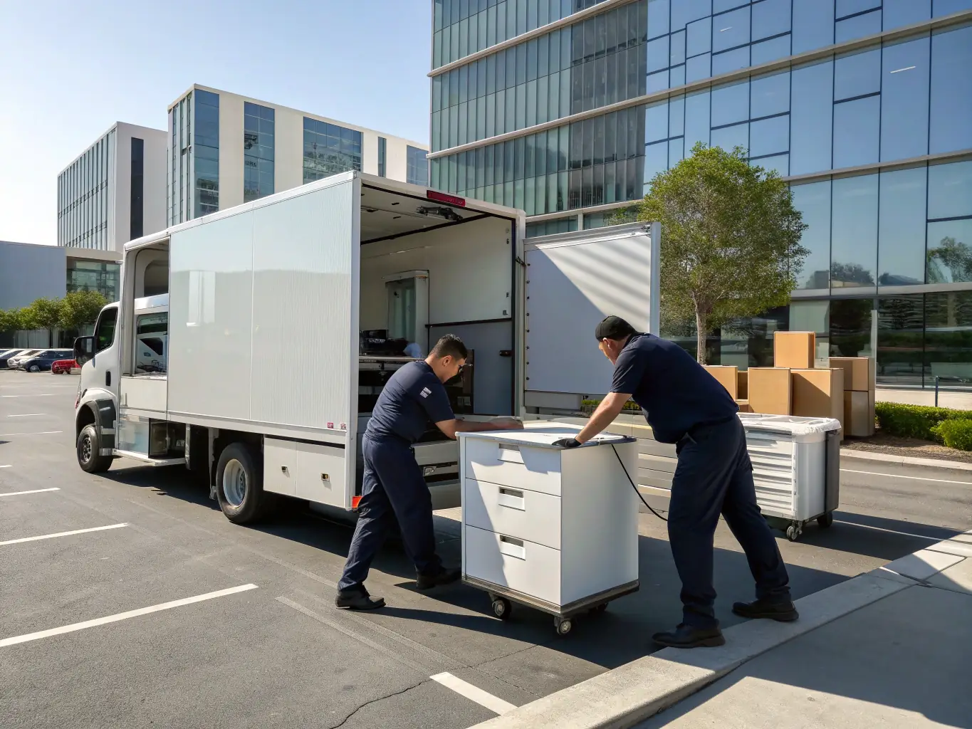 A modern office space being efficiently packed by movers, with computers and office equipment carefully wrapped, representing Reef Movers' professional commercial moving services in Dubai.