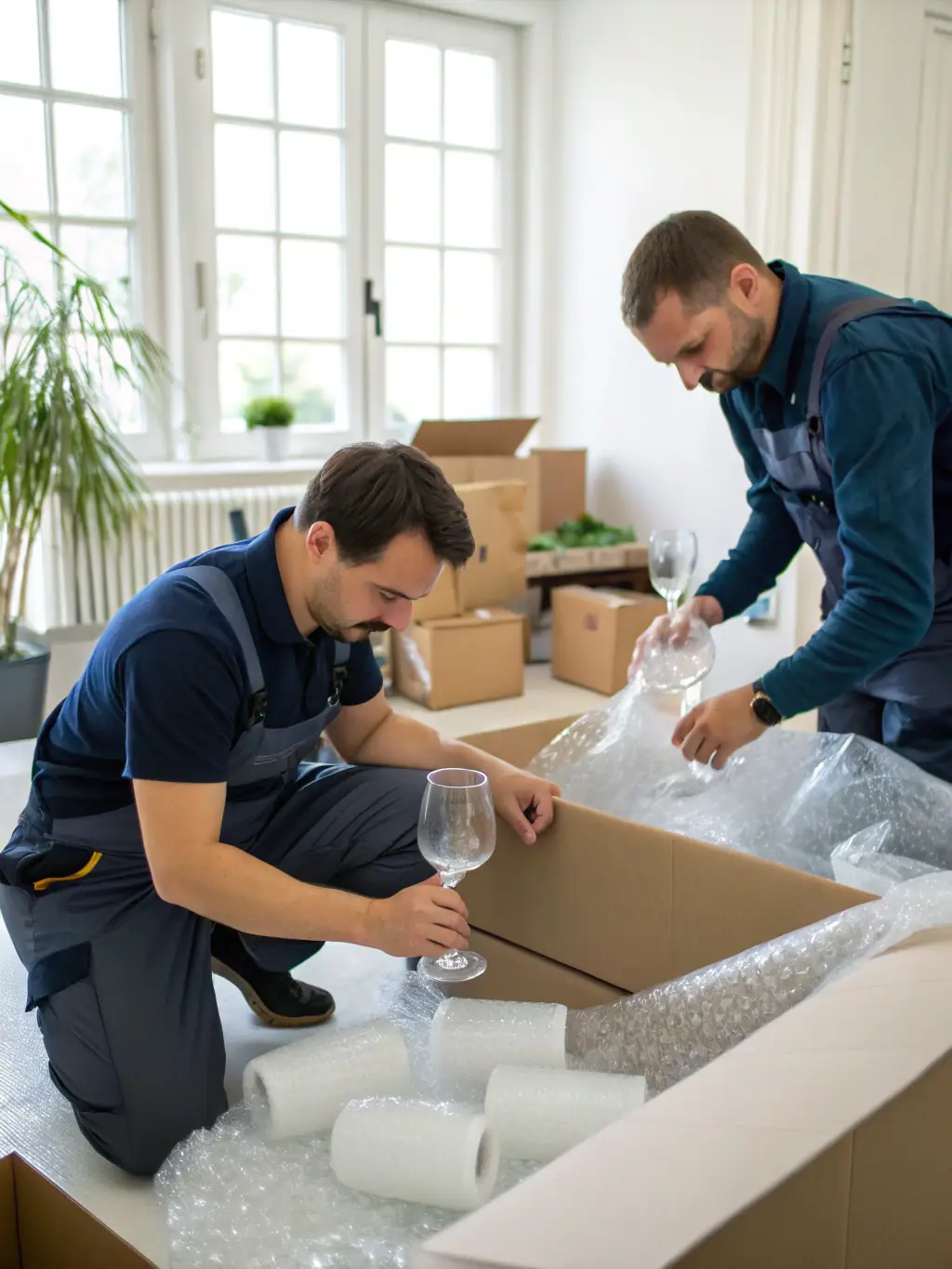 A high-angle, close-up shot of professional movers carefully wrapping fragile items with bubble wrap, showcasing the attention to detail in Reef Movers' packing service.