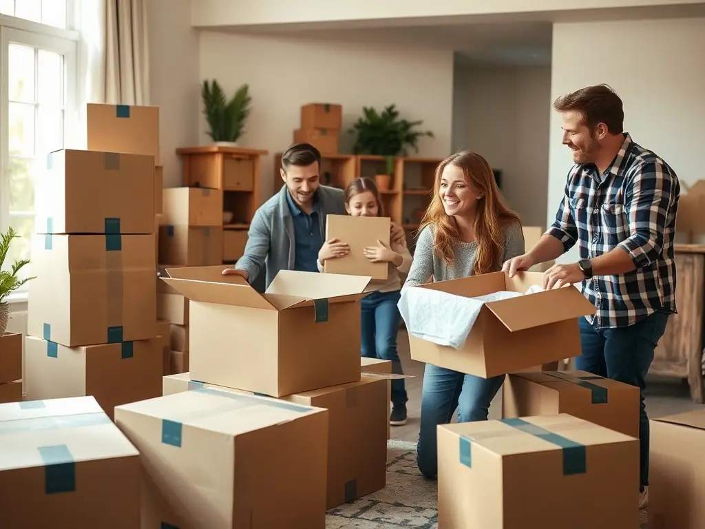 A brightly lit living room scene with moving boxes stacked neatly, showcasing a family happily unpacking, symbolizing a smooth residential move with Reef Movers in Dubai.