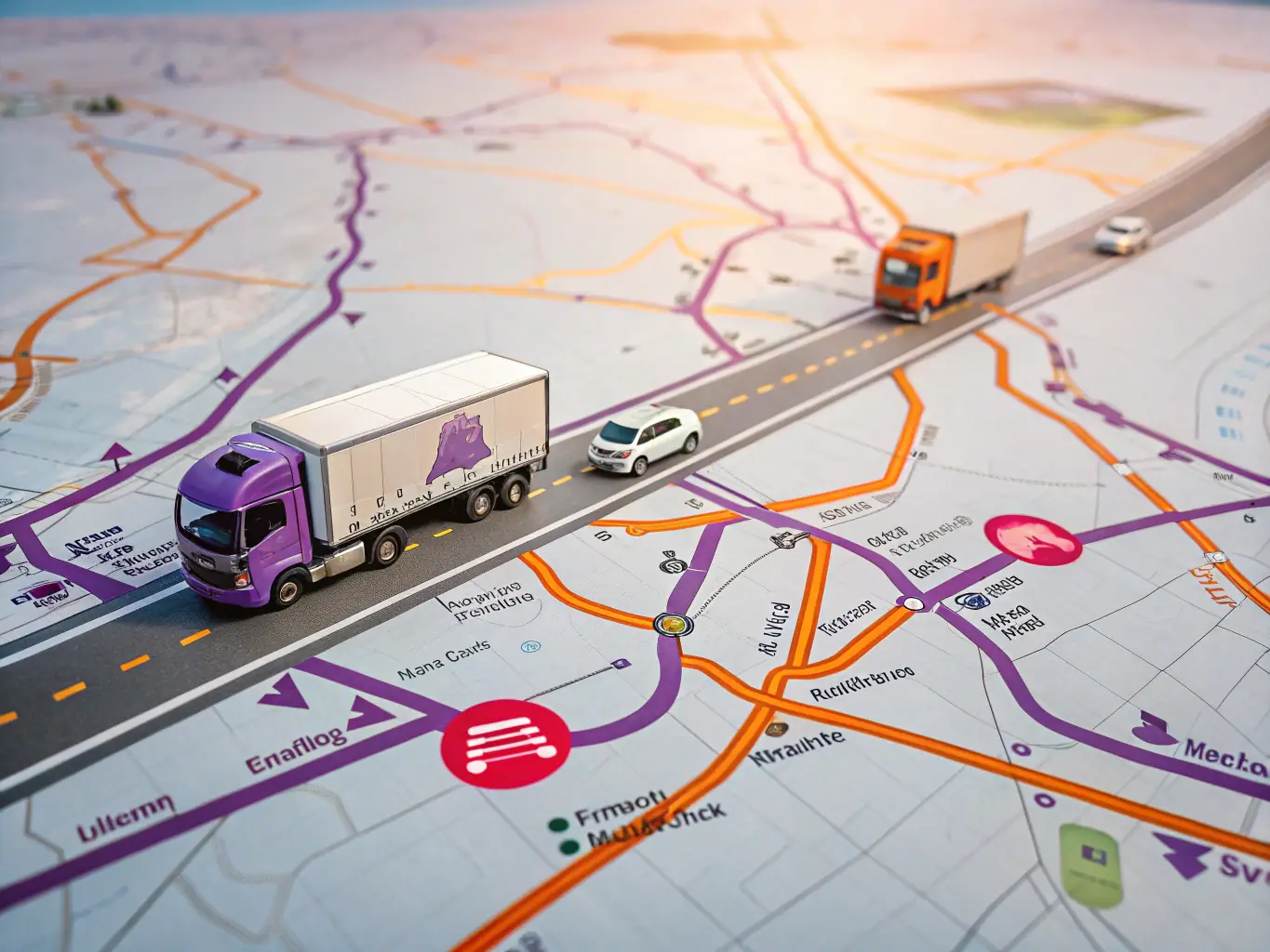 A world map background with miniature moving trucks and airplanes, illustrating Reef Movers' global reach for international relocations from Dubai.