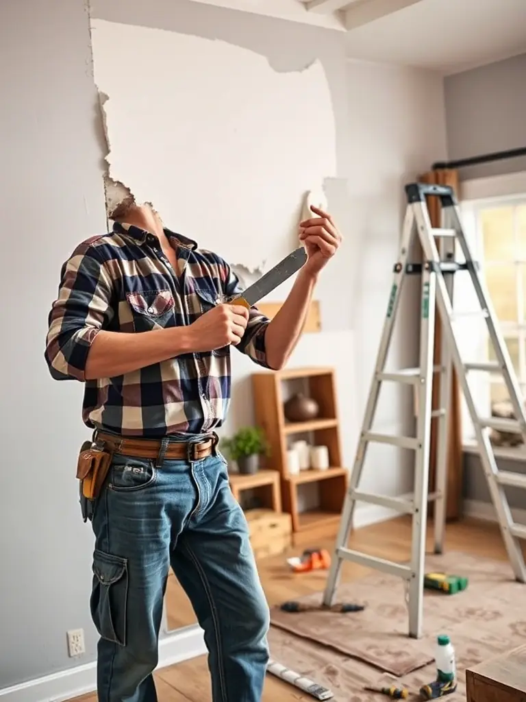 A handyman carefully patching and repairing a small hole in a drywall, preparing it for painting in a Dubai villa.
