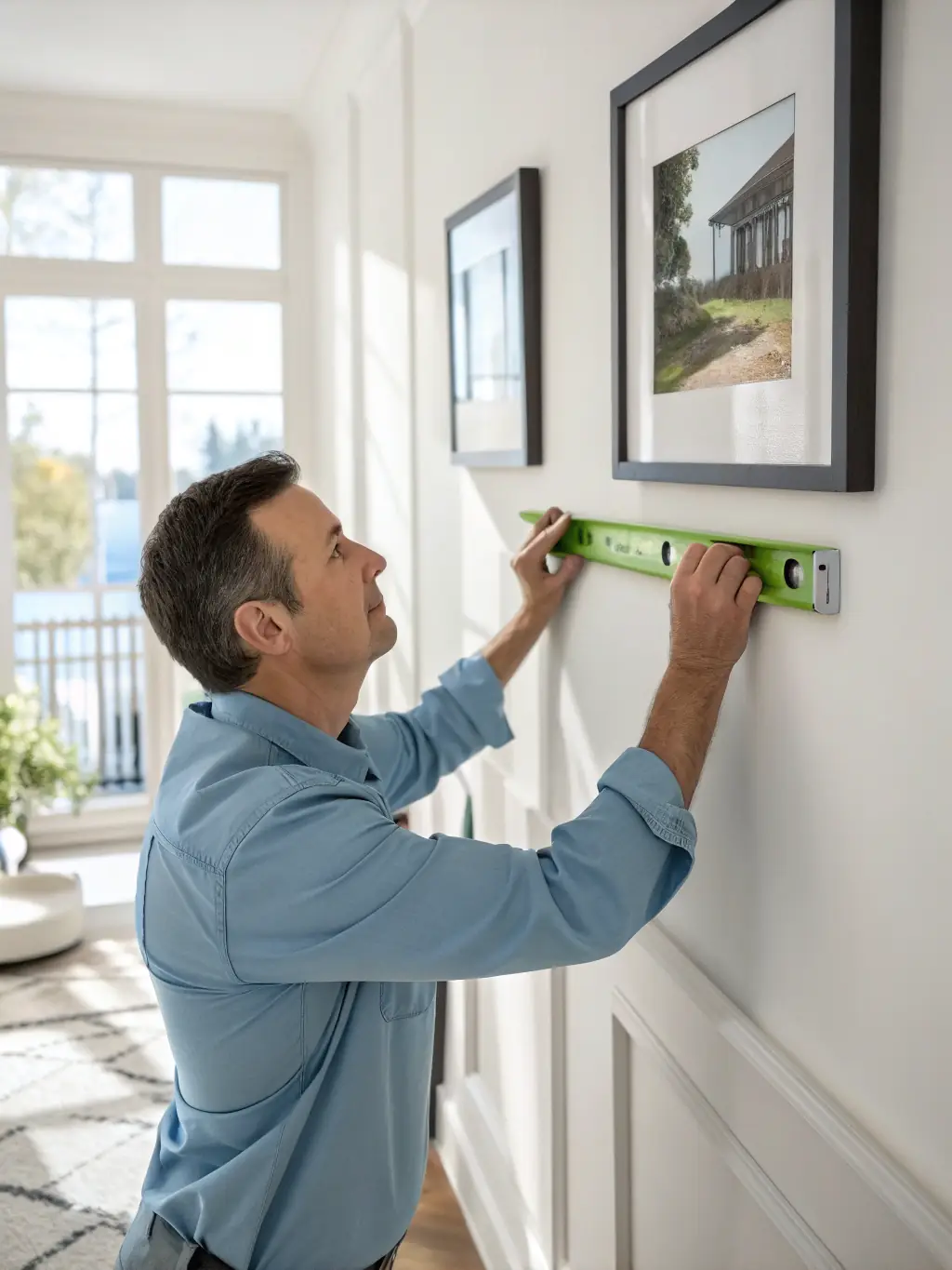 A handyman mounting a large, framed mirror securely on a wall in a Dubai home, ensuring it is level and safe.