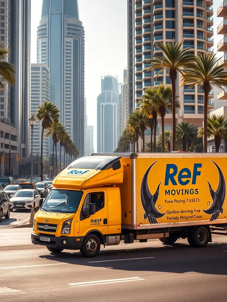 A photograph of a Reef Movers' moving truck navigating the streets of Dubai Marina, highlighting their local expertise and familiarity with the area's traffic patterns and building access points.