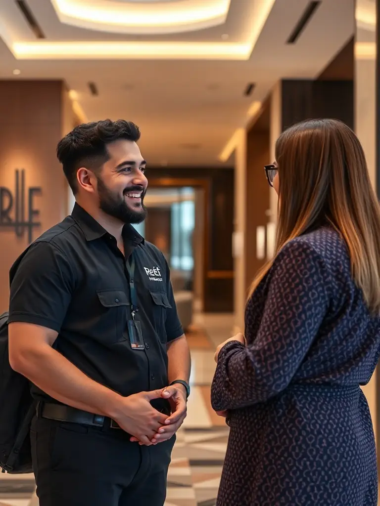 A professional Reef Movers team member interacting politely with a client, discussing their moving needs and providing clear explanations, demonstrating their commitment to excellent customer service in Dubai Marina.