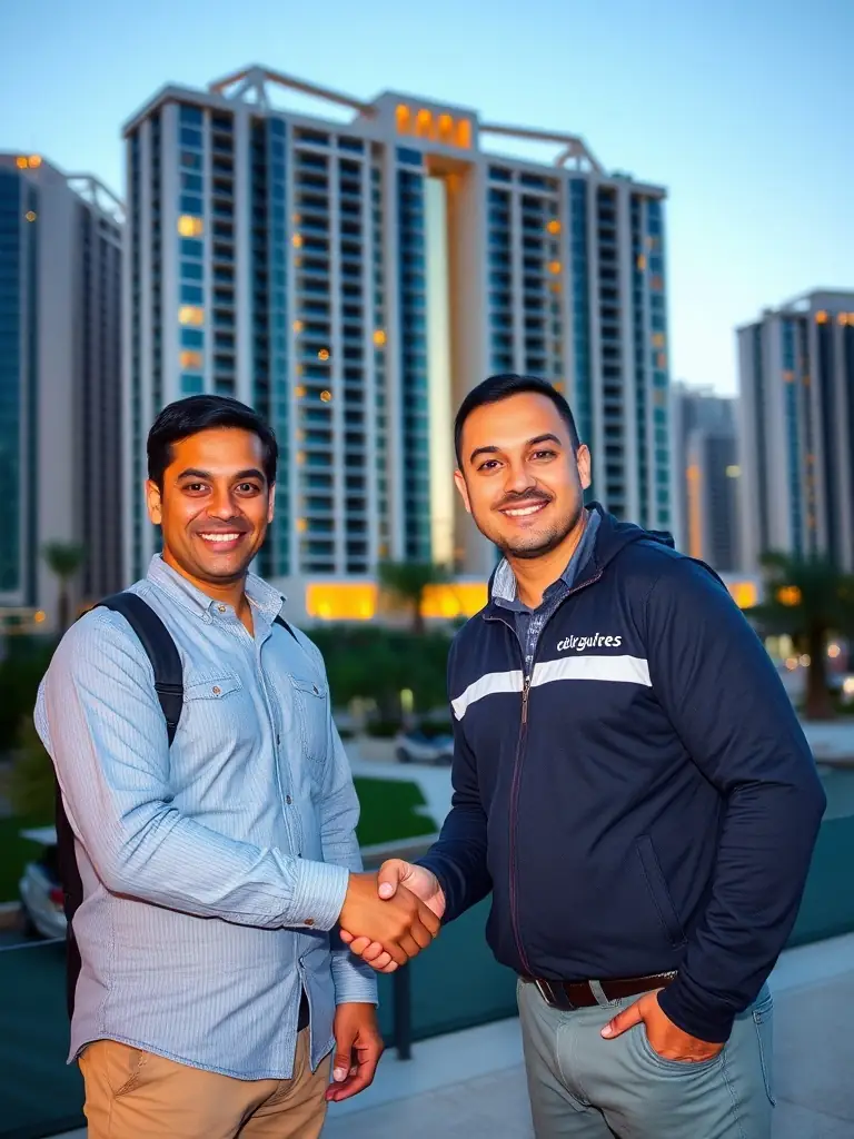 A photo showcasing a satisfied customer shaking hands with a Reef Movers team lead after a successful move in Dubai Marina, symbolizing their commitment to customer satisfaction and positive moving experiences.