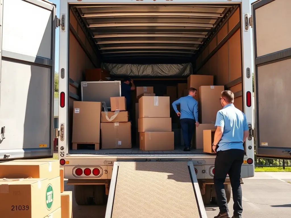 A Reef Movers truck being loaded with furniture and boxes outside a villa in Arabian Ranches, with movers using ramps and dollies for efficient loading.