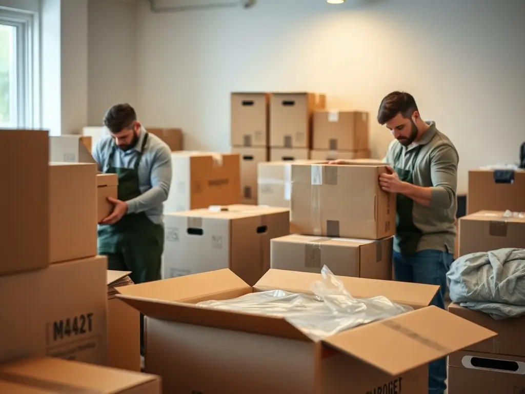 A high-resolution image depicting Reef Movers' team carefully packing delicate items in a villa setting, showcasing their attention to detail and professionalism.