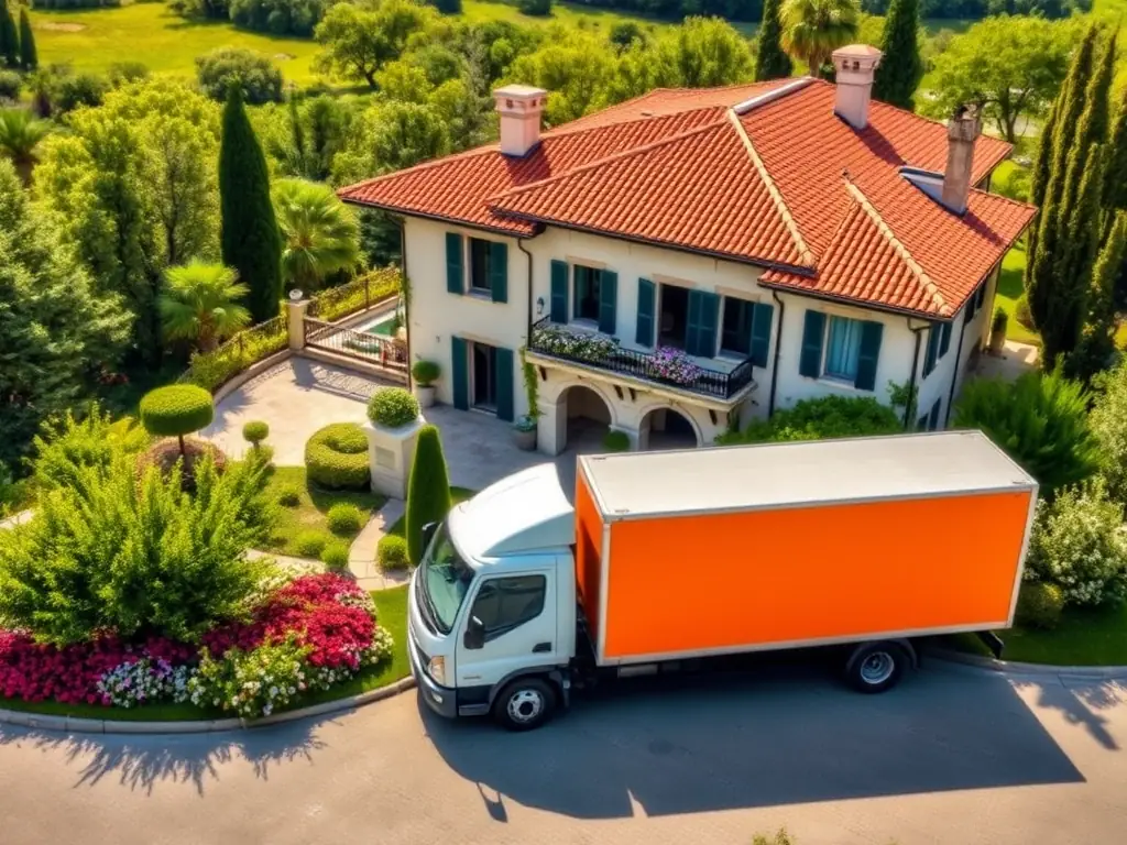 An image showing Reef Movers' modern moving trucks equipped with GPS tracking, parked outside a luxurious villa, emphasizing their reliability and advanced technology.