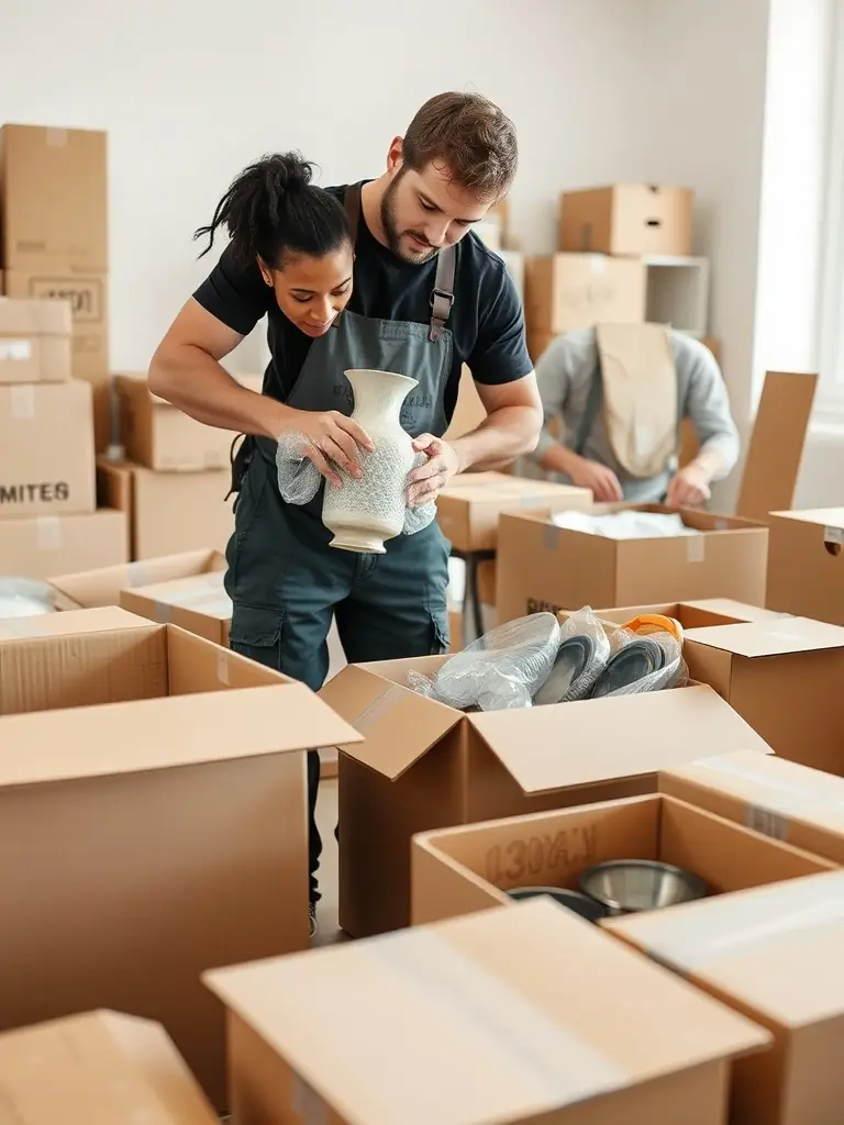 A high-resolution image depicting a team of Reef Movers carefully wrapping delicate items inside a luxurious villa, showcasing their expertise in handling valuable possessions.