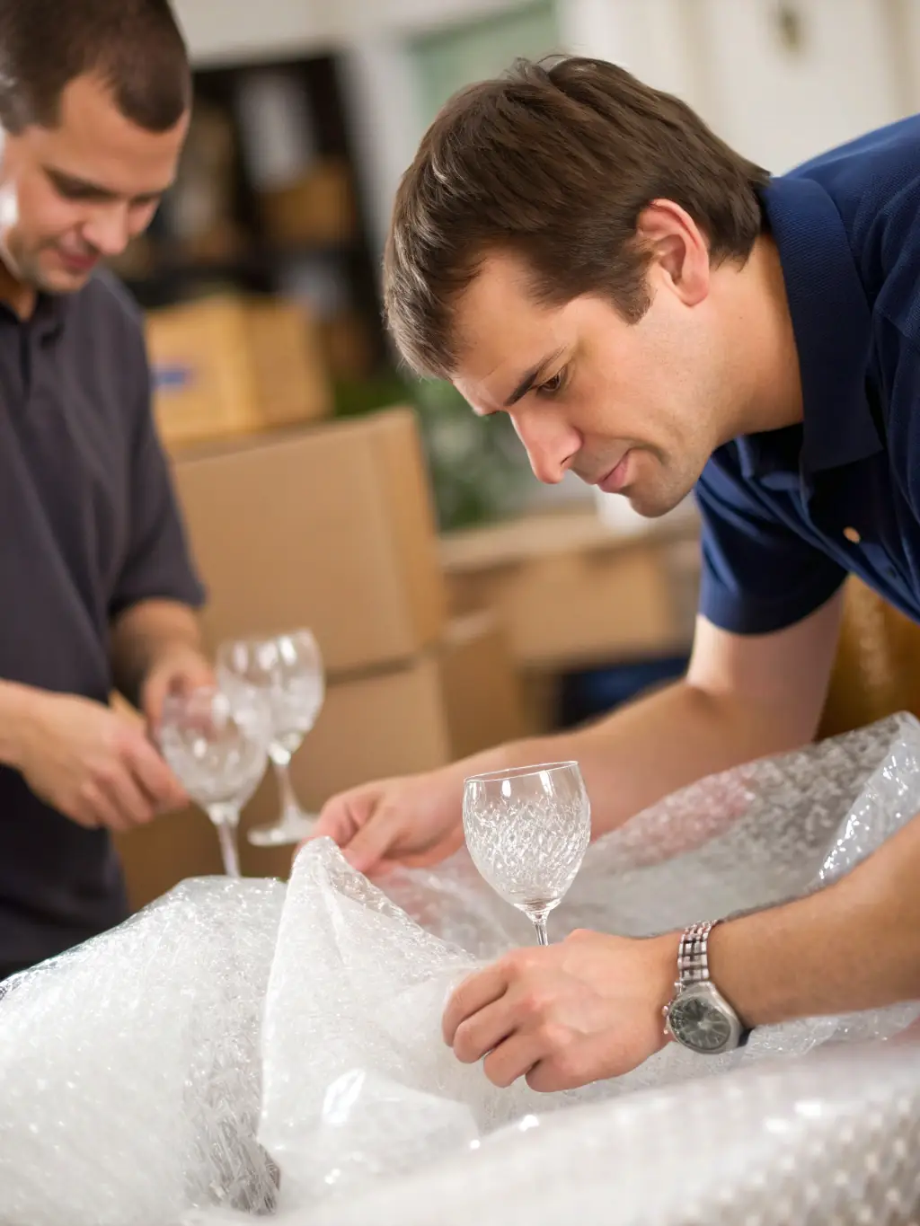 A high-quality photograph of Reef Movers' professional packing team carefully wrapping fragile items in bubble wrap, showcasing their attention to detail and commitment to protecting clients' belongings during the packing process.