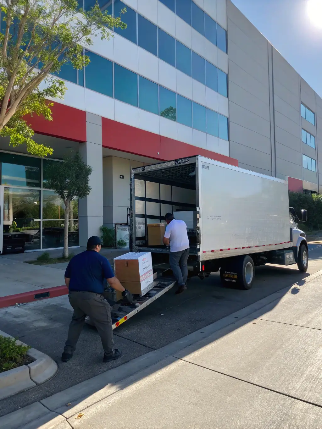 A photo of a Reef Movers truck arriving on time at a Dubai Marina apartment complex, with movers efficiently unloading boxes and furniture, illustrating their commitment to punctuality and reliability.