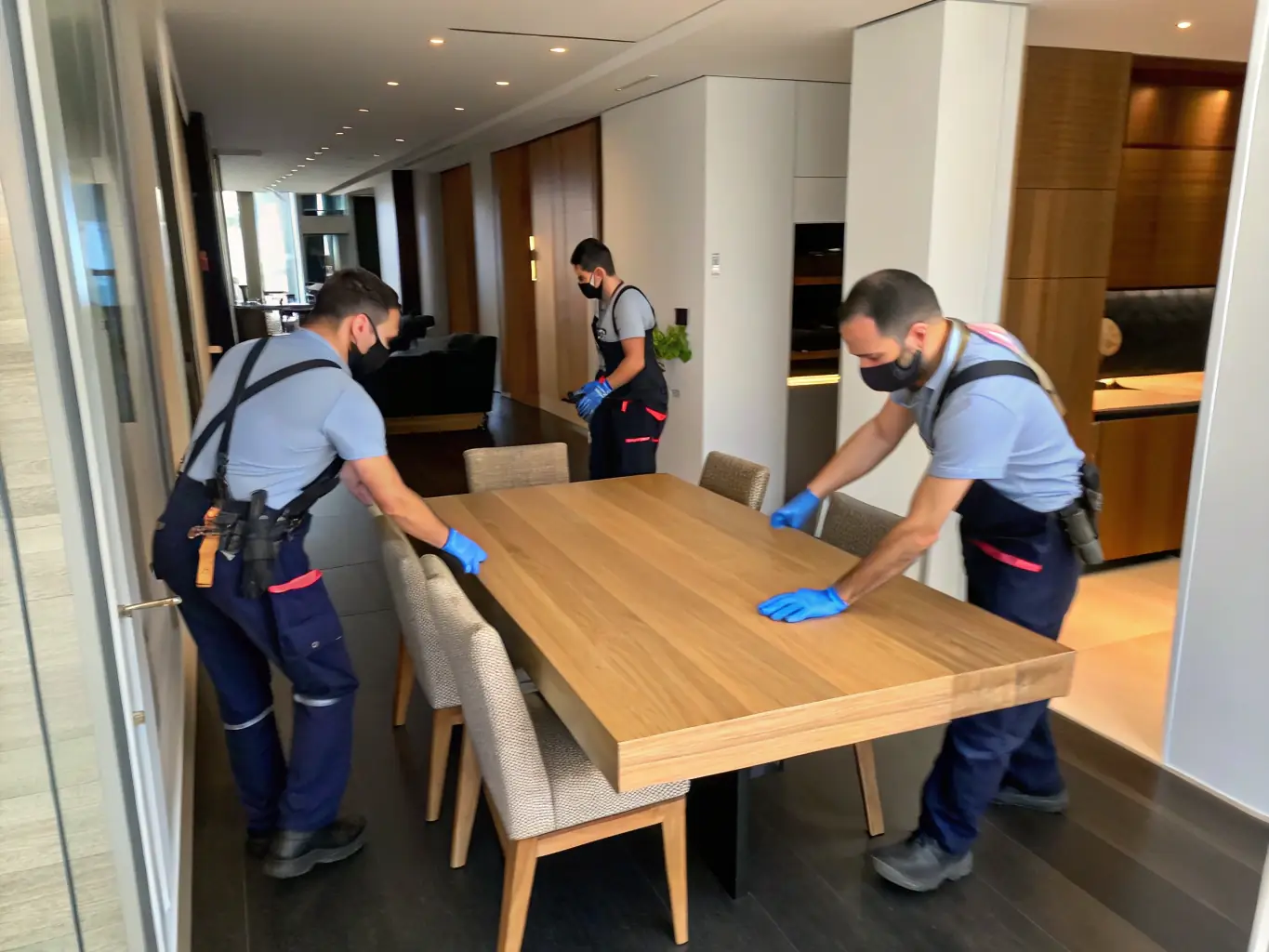 A Reef Movers team carefully unpacking boxes and assembling furniture inside a new villa in Arabian Ranches, demonstrating their unpacking and setup services.