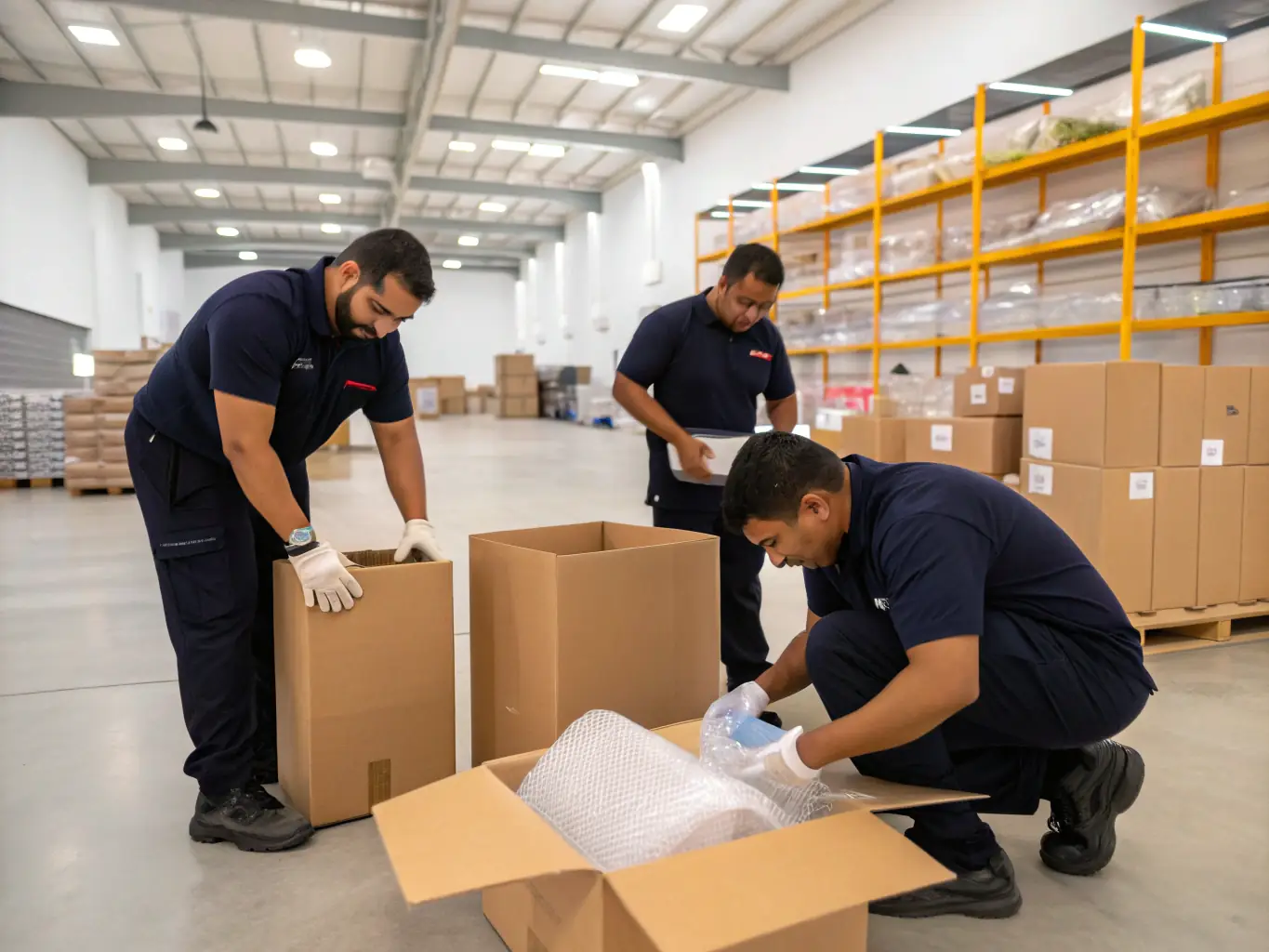 A wide shot of Reef Movers' packing team carefully wrapping delicate items in bubble wrap inside a villa in Arabian Ranches, showcasing their attention to detail.