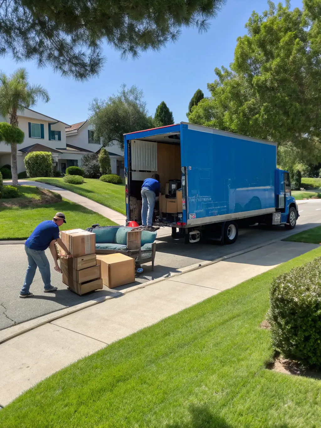 A photo of a Reef Movers truck arriving at a new villa, with movers unloading items in a timely and organized manner, highlighting their punctuality.