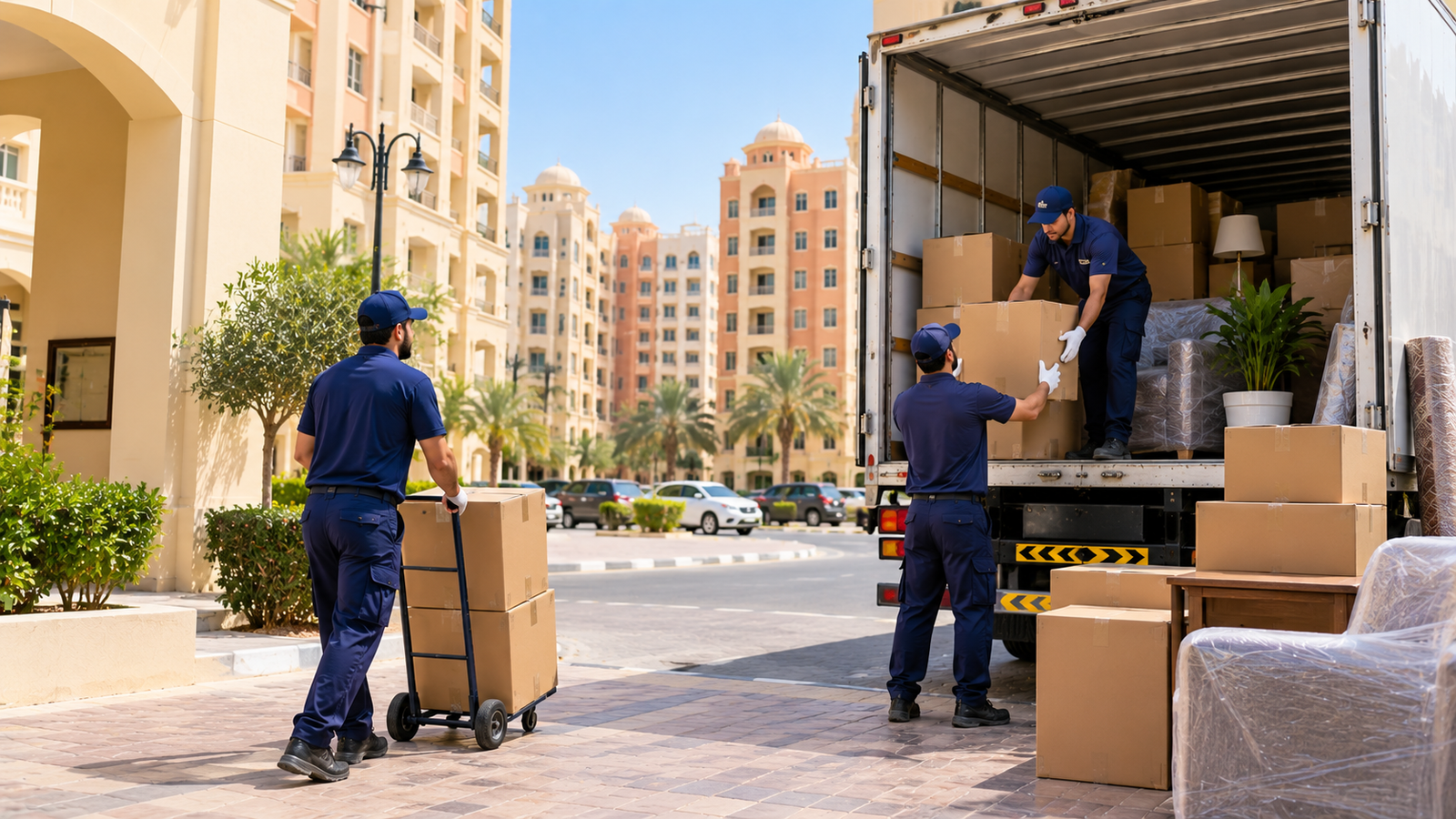 Movers loading boxes into truck in International City Dubai