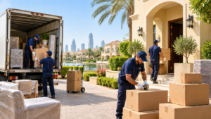 Movers packing boxes outside a villa in The Springs Dubai