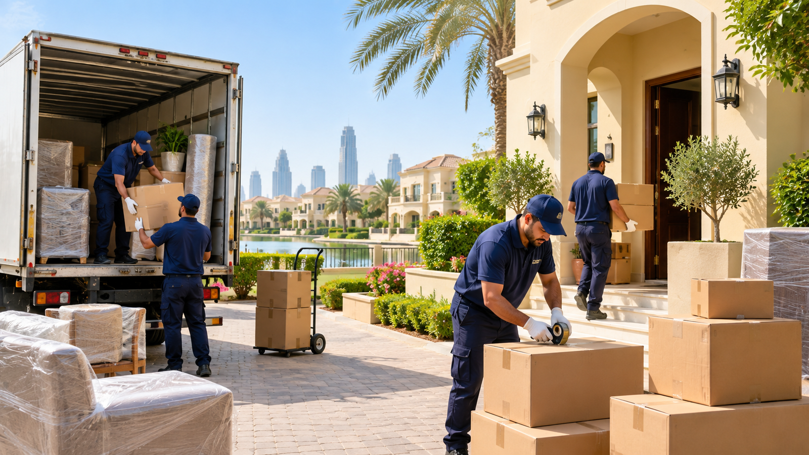 Movers packing boxes outside a villa in The Springs Dubai