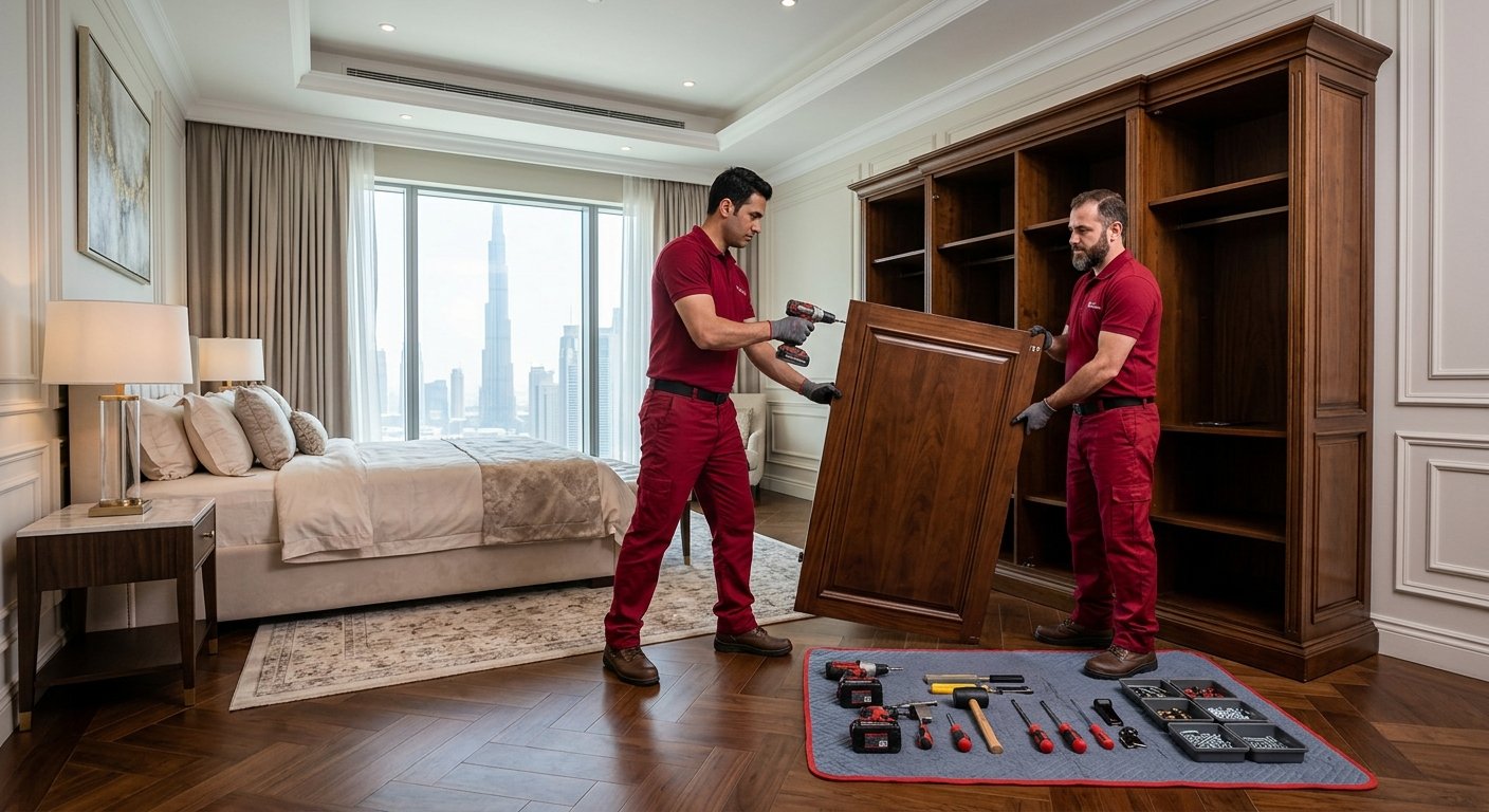 Furniture removal team dismantling office furniture in Dubai